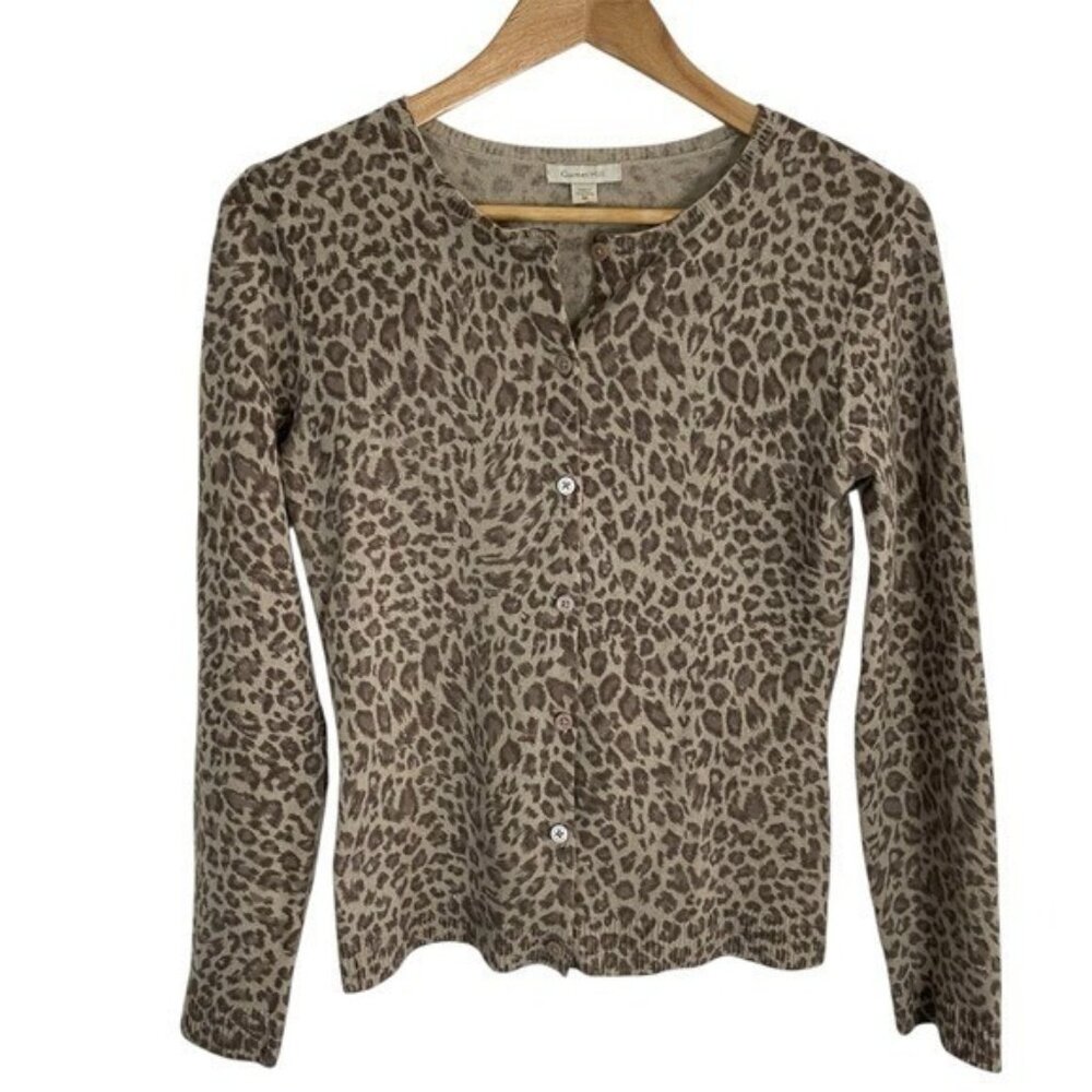 Garnet Hill Beige Leopard Print pure Cashmere Cardigan Size XS mob wife chic
